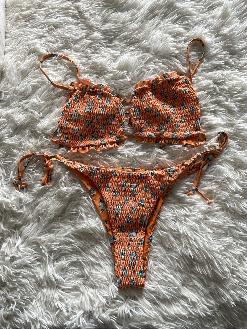 Zaful Orange Floral Smocked Bikini Bottoms